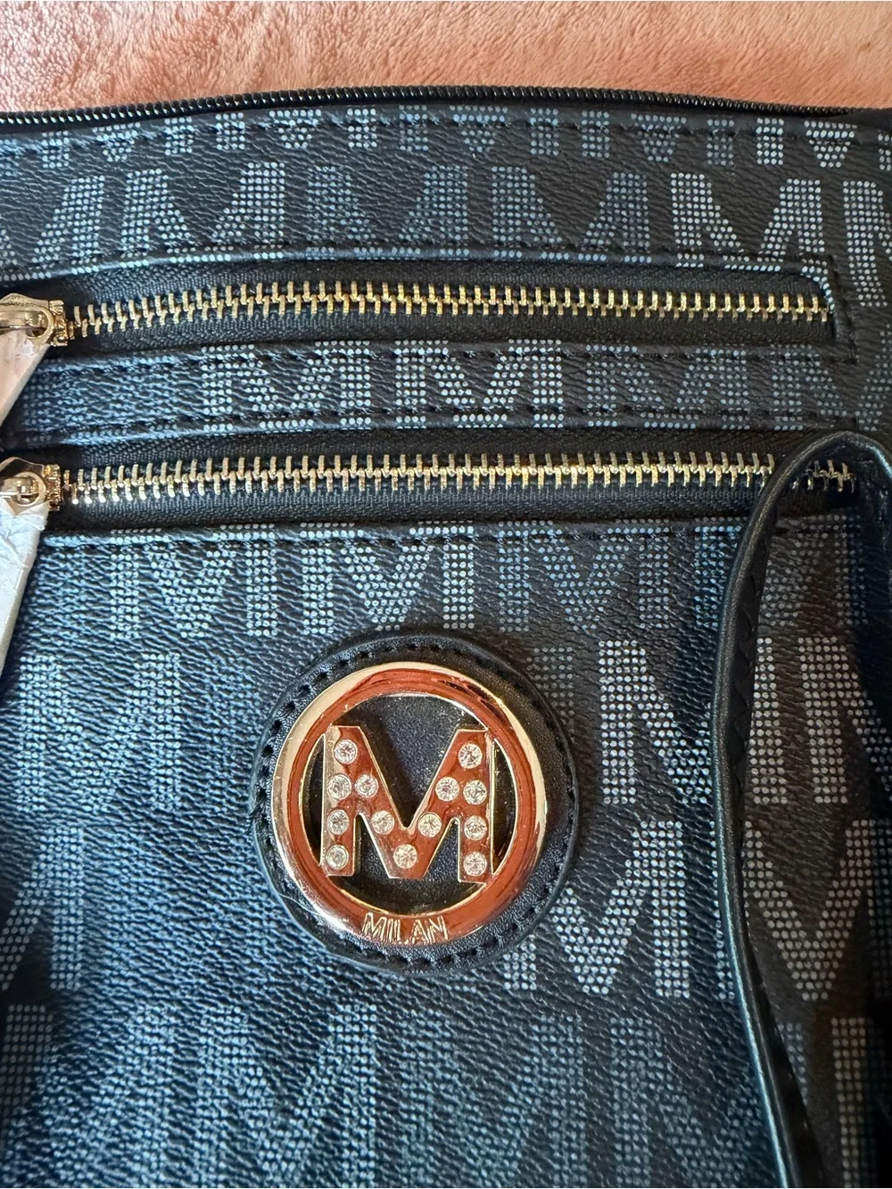 Michael Kors Black and Gray MK Logo Crossbody Bag with Gold Accent